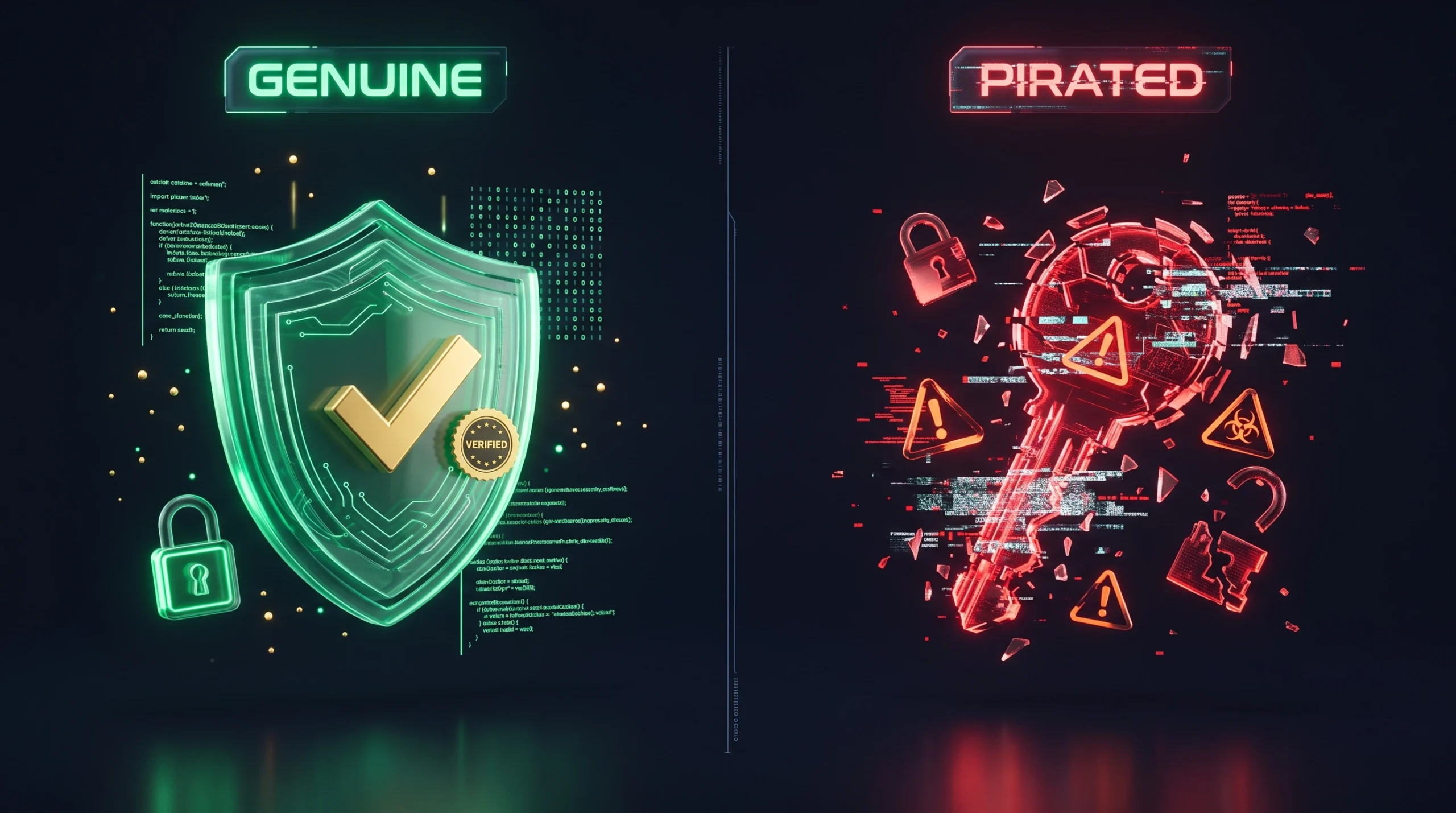Security comparison of genuine software licenses versus pirated cracked software risks.