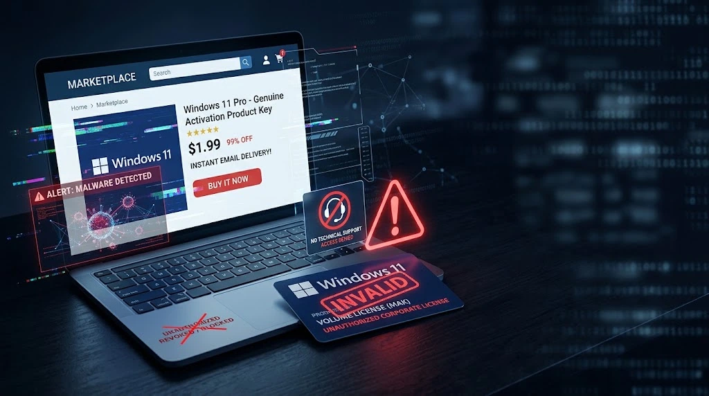 Risks of buying pirated Windows keys on eBay, including invalid licenses and security threats