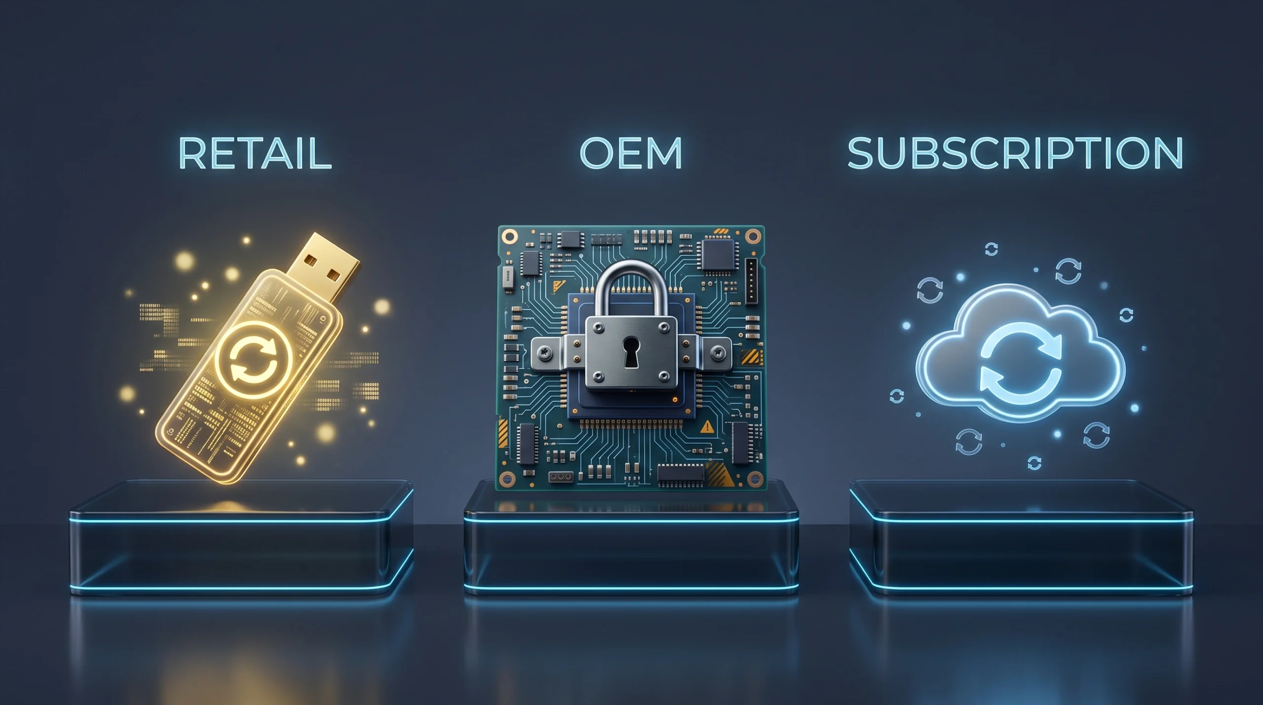 Types of software licenses comparison diagram: retail vs oem licenses and cloud subscriptions.
